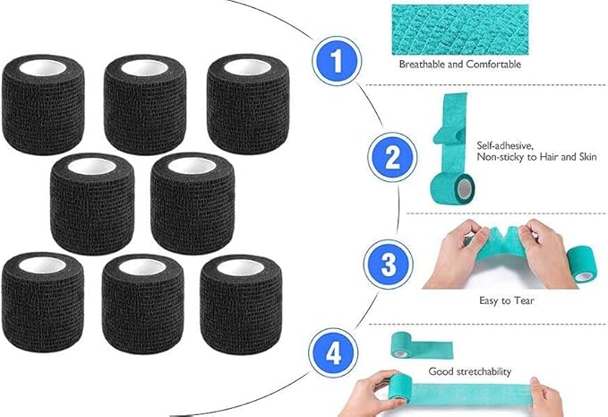 Self Adhesive Bandage Wrap,2 Inch Black Breathable Elastic Cohesive Bandages, Vet Wrap Sports Tape Bulk for First Aid Supplies, Wrist Sprains Protection