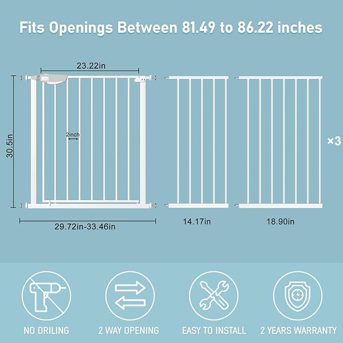 WAOWAO Triple Lock Baby Gate Extra Wide 81.49-85.82" Pressure Mounted Walk Through Swing Auto Close Safety White Metal Dog Pet Puppy Cat for Stairs,Doorways,Kitchen