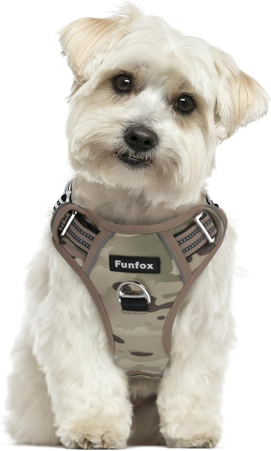 Funfox Dog Harness No Pull, Adjustable Pet Vest Harness, Super Soft Material with Vertical Handle Easy Control, Reflective Night Walking, 2 Leash Clips for Small Sized Dogs, Camo Brown, S
