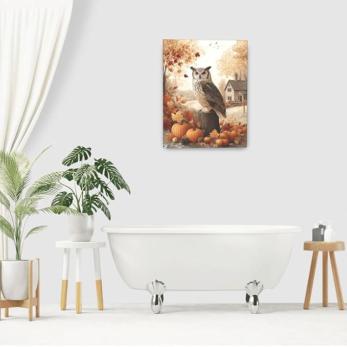 Fall Owl Wall Art Autumn Pumpkin Leaves Wall Decor Rustic Canvas Print Farmhouse Pictures Painting Print Framed Artwork Decorations Gifts for Living Room Bathroom Bedroom Office 16"x20"