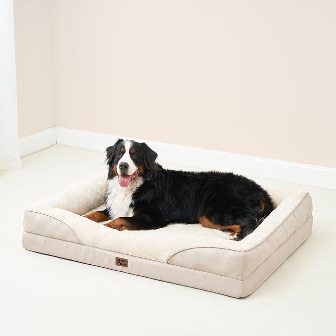 EHEYCIGA Memory Foam XXL Dog Bed for XLarge Sized, Extra Large Orthopedic Dog Sofa with Sides and Waterproof Liner, Washable Bolster Pet Couch with Removable Cover, 52x41x8 Inch, Beige