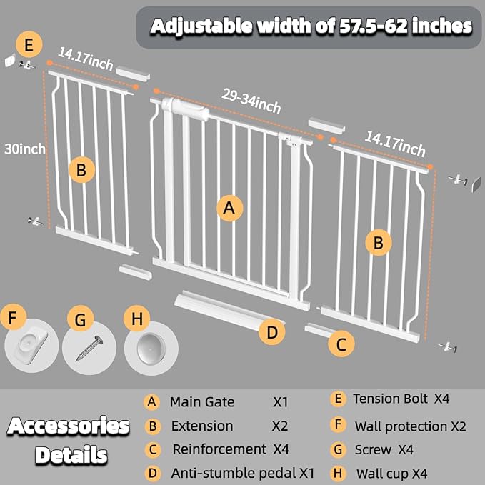 57.5"-62" Extra Wide Auto Closing Baby Safety Gate for Stairs & Doorways, Pressure Mounted No Drill Pet Gate with Walk-Through Door - Heavy Duty Childproof Gate for Toddlers, Kids, Dogs (White)