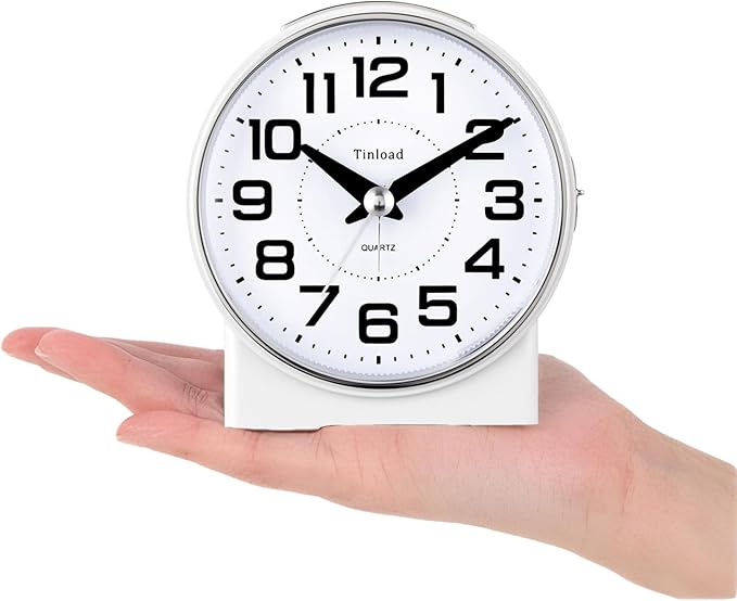 4.3" No Ticking Analog Alarm Clock,Silent Readable for Seniors,Easy to Set,Gradual Rise Alarm,Big Numbers,On/Off Switch on Side,Gentle Wake,Snooze,Lighted on Demand,Battery Operated,White