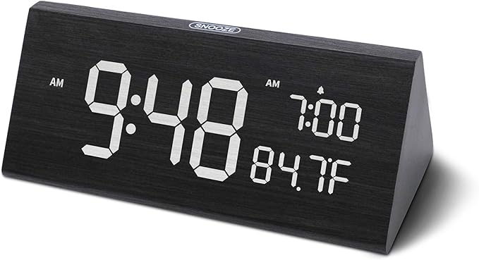 OhM-ega Wooden Digital Alarm Clock, Electric Clocks with Dual USB Port, Large Numbers, Temperature Display, Brightness Dimmer, Sound-Activated Display, Snooze, 12/24H, Black
