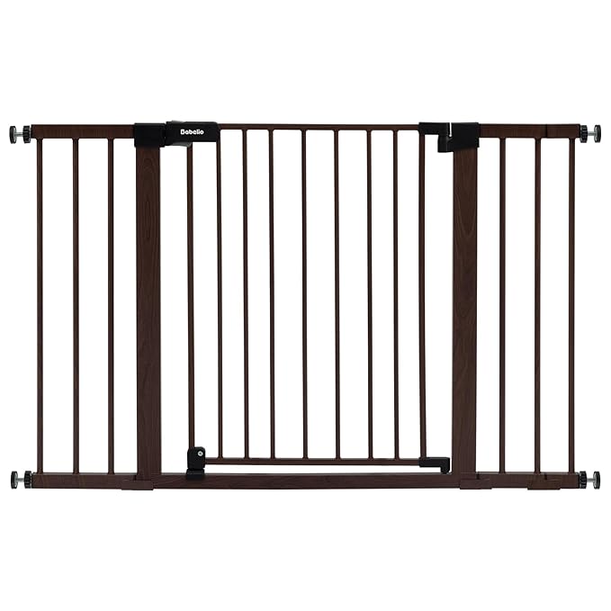 BABELIO Baby Gate with Black Wood Pattern, 29-48 Inch Auto Close Dog Gate for The House, Stairs and Doorways, Pressure Mounted Pet Gate with Door and Y Spindle Rods
