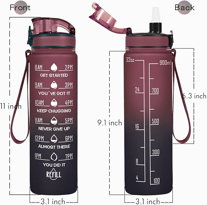 Enerbone Water Bottle, Leakproof BPA & Toxic Free, Motivational Water Bottle with Times to Drink and Straw, Fitness Sports Water Bottle with Strap for Office, Gym, Outdoor Sports