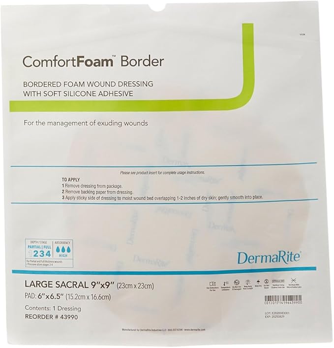 DermaRite ComfortFoam Border, Foam Wound Dressing - Flexible and Soft Silicone, Self Adhesive, No Natural Rubber Latex - 9 in. x 9 in., 1 Count, 5 Packs, 5 Total