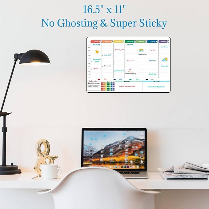 POPRUN Dry Erase Board Weekly Calendar Whiteboard for Wall & Fridge(Any Smooth Surface),Self-Adhesive Schedule Board with Hourly Time Slots,Perfect as Weekly Planner Board for School/Family, 16.5"x11"