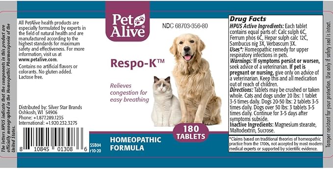 PetAlive Respo-K Tablets - Natural Homeopathic Formula for Pet Respiratory and Cold Symptoms - Reduces Sneezing, Coughing Watery Eyes, Runny Nose and Congestion in Dogs and Cats - 180 Tablets