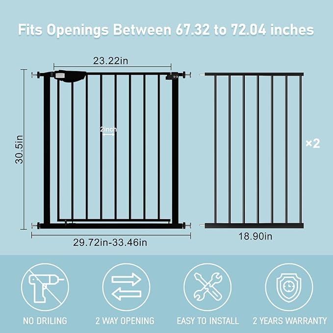 WAOWAO Triple Lock Baby Gate Extra Wide 67.32-72.04" Pressure Mounted Walk Through Swing Auto Close Safety Black Metal Dog Pet Puppy Cat for Stairs,Doorways,Kitchen