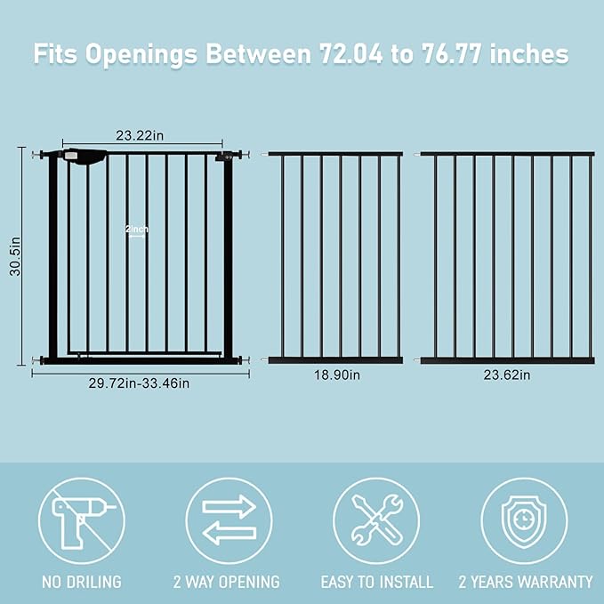 WAOWAO Triple Lock Baby Gate Extra Wide 72.04-76.77" Pressure Mounted Walk Through Swing Auto Close Safety Black Metal Dog Pet Puppy Cat for Stairs,Doorways,Kitchen