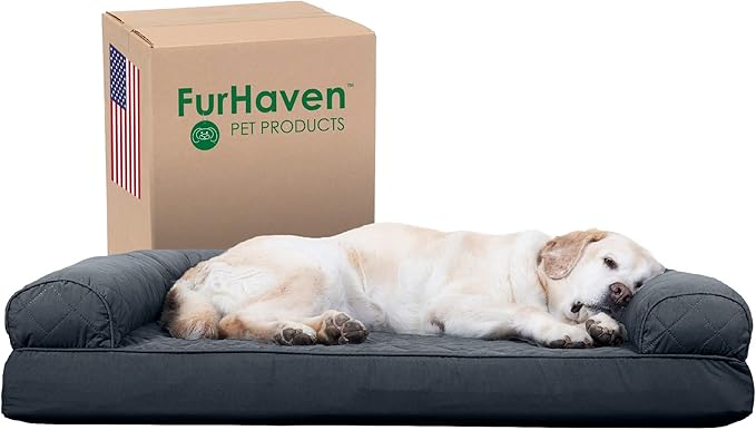 Furhaven Cooling Gel Dog Bed for Large Dogs w/ Removable Bolsters & Washable Cover, For Dogs Up to 95 lbs - Quilted Sofa - Iron Gray, Jumbo/XL