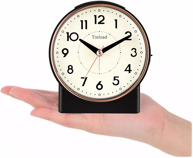 4.3" Retro Analog Alarm Clock, Vintage Decor, No Ticking Silent, Easy to Set, Gradual Rise Alarm, On/Off Switch on Side, Gentle Wake, Snooze, Lighted on Demand, Battery Operated, Retro Black