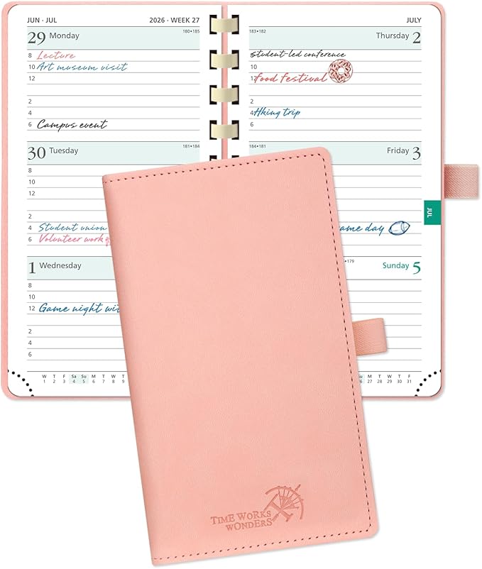 POPRUN 2026 Pocket Planner (Slim Size 3.5" x 6.5") Weekly and Monthly Calendar for Purse, with Hourly Time Slots, 100GSM Thick Paper, Spiral Soft Cover, Pen Holder - Pink