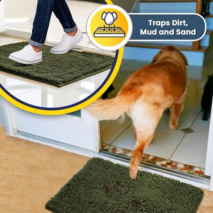 Muddy Mat® Original Dog Door Mat for Muddy Paws, Super Absorbent Microfiber, Non-Slip Washable Pet Rug, Quick Dry Chenille Entryway Carpet, Machine Washable Indoor Outdoor mat, Army Green 48"x72"