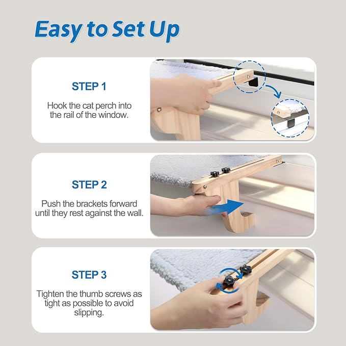 Easy Seat Cat Perch for Window Sill - Hammock Design w/Pine Wood & Robust Metal Frame - Cat Window Seat for Large Cats and Kittens (Natural Color Wood w/Gray Bed, Large (26''W x 14''D))