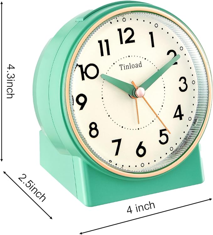 4.3" Retro Analog Alarm Clock, Vintage Decor, No Ticking Silent, Easy to Set, Gradual Rise Alarm, On/Off Switch on Side, Gentle Wake, Snooze, Lighted on Demand, Battery Operated, Retro Green