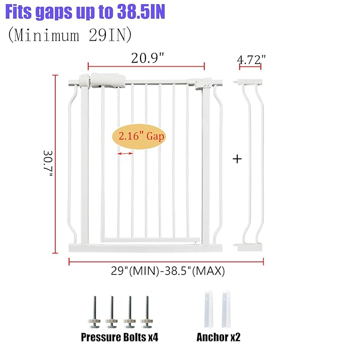Walk Through Baby & Dog Gate 29-38.5 Inch, Pressure Mounted No Drilling, Adjustable Indoor Safety Gate for Stairs & Doorways - Metal Design for Kids and Pets, White