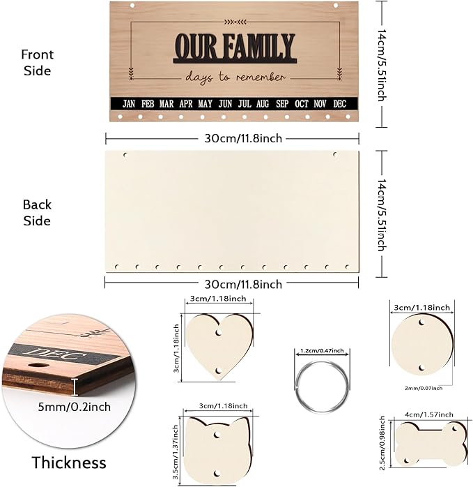 Family Birthday Calendar Board Wall Hanging with Tags, Family Birthday Plaque with Tag Wooden Memory Days Reminder Wall Hanging Home Décor Wood Anniversary Tracker with 104 Tags, Valentines Day Christmas Gifts for Lovers Friends (OUR FAMILY)