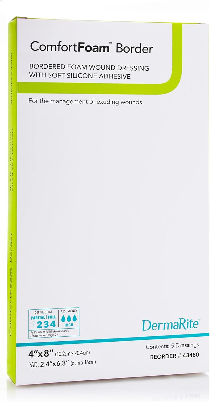 DermaRite's ComfortFoam Border, Foam Wound Dressing - Flexible and Soft Silicone (4 X 8 Inch (5 Count))