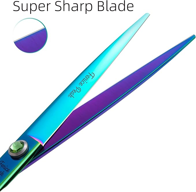 Fenice Peak 7.5'' Green Straight Dog Grooming Scissors Pet Shears with Ergonomic Offest Handle and Simulated Emerald Screw 440C Grooming Scissors Trimming Shears Durable and Sharp