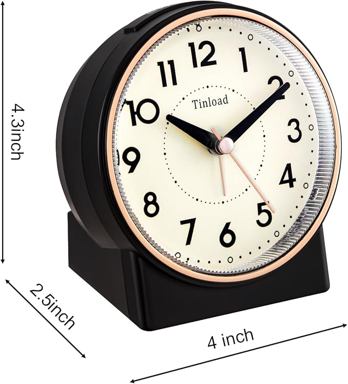 4.3" Retro Analog Alarm Clock, Vintage Decor, No Ticking Silent, Easy to Set, Gradual Rise Alarm, On/Off Switch on Side, Gentle Wake, Snooze, Lighted on Demand, Battery Operated, Retro Black