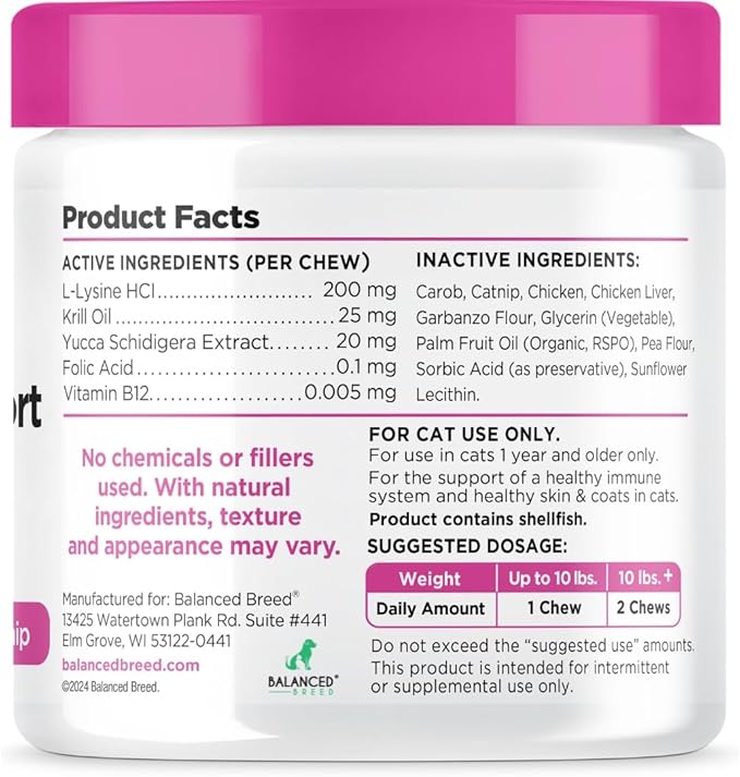 Balanced Breed L-Lysine Cats Immune Support Soft Chews Made in USA Vet-Pharmacist Approved Seasonal Allergy Relief Cat Vitamins Indoor Cats Supplements Krill Oil Asthma Relief Cat Lysine Treats NonGMO