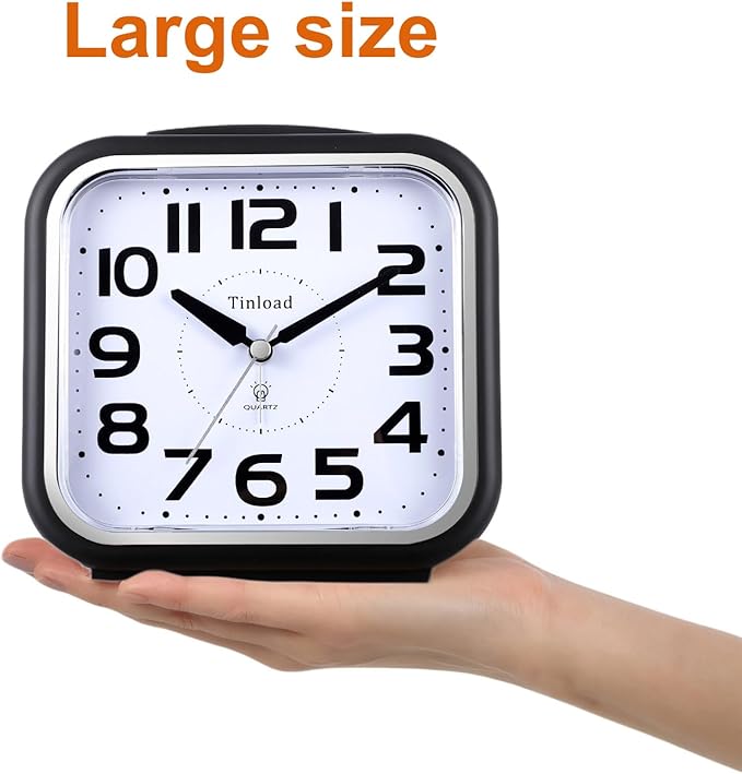 5.5" Large Analog Alarm Clock Silent Non Ticking, Gentle Wake, Beep Sounds, Increasing Volume, Battery Operated Snooze and Manual Light, Easy Set, Black (Best for Elder)