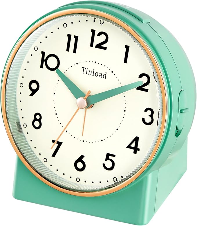 4.3" Retro Analog Alarm Clock, Vintage Decor, No Ticking Silent, Easy to Set, Gradual Rise Alarm, On/Off Switch on Side, Gentle Wake, Snooze, Lighted on Demand, Battery Operated, Retro Green