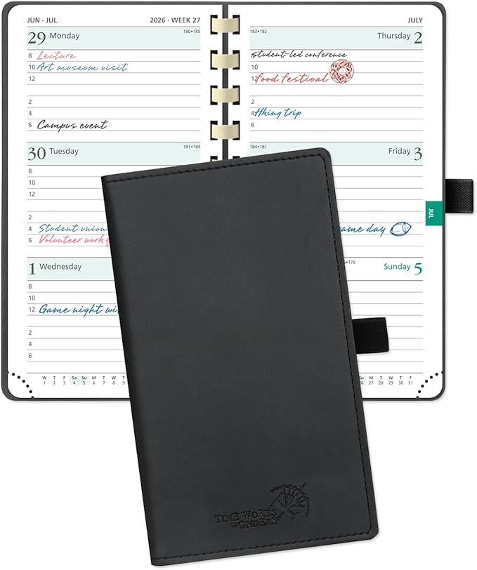 POPRUN 2026 Pocket Planner (Slim Size 3.5" x 6.5") Weekly and Monthly Calendar for Purse, with Hourly Time Slots, 100GSM Thick Paper, Spiral Soft Cover, Pen Holder - Black