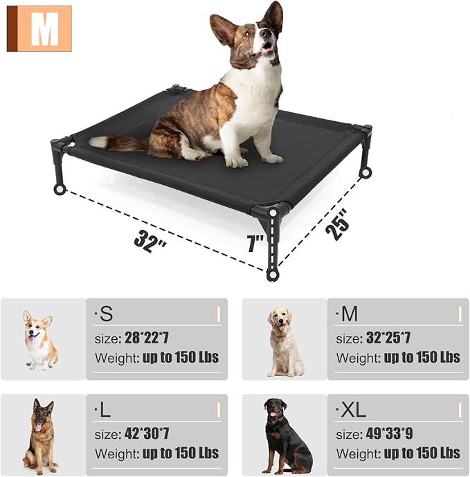 Elevated Dog Bed for Medium Dogs, Raised Dog Cot Beds Fits Up to 150 LBs, Heavy Duty Pet Cots with Durable Supportive Teslin Recyclable Washable Mesh, Indoor & Outdoor Dog Bed, Black