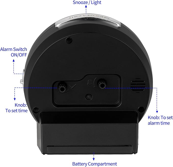 4.3" No Ticking Analog Alarm Clock,Silent Readable for Seniors,Easy to Set,Gradual Rise Alarm,Big Numbers,On/Off Switch on Side,Gentle Wake,Snooze,Lighted on Demand,Battery Operated,Black