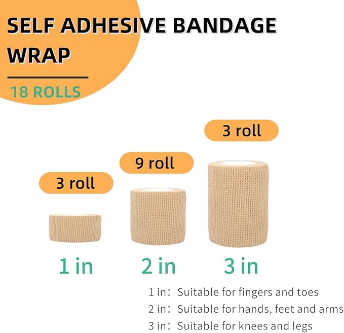 Self Adhesive Wrap 18 Rolls, Non-Woven Self Adherent Vet Wrap, (1IN+2IN+3IN) x 5Yard | Cohesive Bandage Tape for Wrist & Ankle, Elastic Grip Cover (Colorful)
