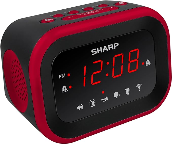 Sharp Big Bang Super Loud Alarm Clock for Heavy Sleepers, 6 Extremely Loud Wake Up Sounds: Rooster, Bugle, Nagging Mom, Jackhammer, Siren, Beep – Up to 115db Volume, Red/Black with Red LED Display