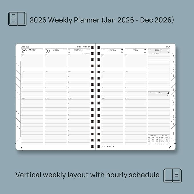 POPRUN 2026 Planner (Medium - 6.5'' x 8.5'') with Hourly Schedule, Vertical Layout - 2026 Weekly Calendar (Jan. 2026 - Dec.2026) for Time Management, Monthly Tabs, Spiral Bound, Soft Cover - Purple