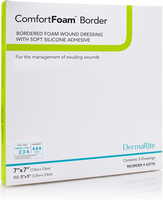 DermaRite ComfortFoam Border, Foam Wound Dressing - Flexible and Soft Silicone, Self Adhesive, No Natural Rubber Latex - 7 in. x 7 in., 1 Count, 5 Packs, 5 Total