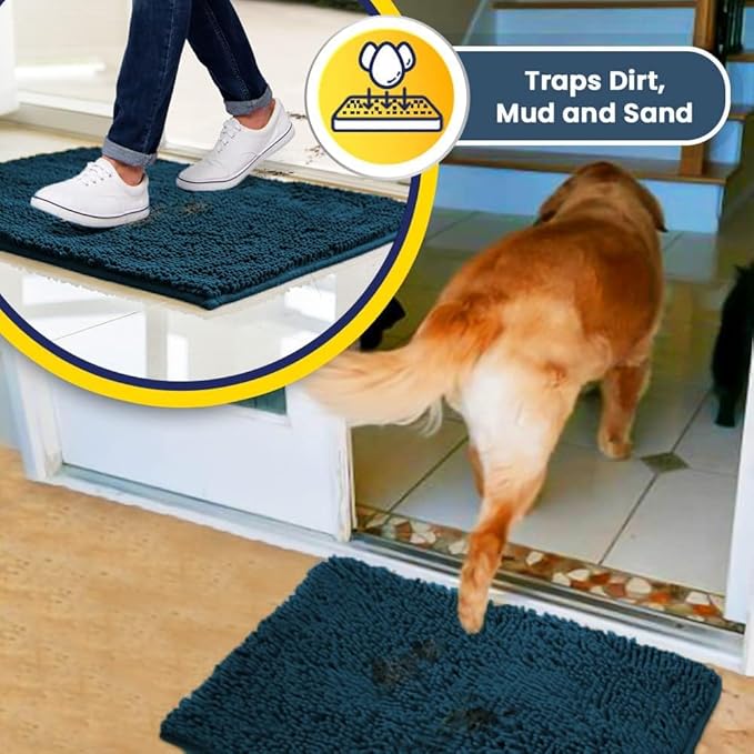 Muddy Mat® AS-SEEN-ON-TV Highly Absorbent Microfiber Door Mat and Pet Rug, Non Slip Thick Washable Area and Bath Mat Soft Chenille for Kitchen Bedroom Indoor and Outdoor - Atlantic Blue XXL 60"X48"