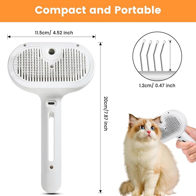 3 in 1 Cat Steam Brush, Pet Steam Brush for Cat Dog Long Short Haired, Pet Spray Hair Removal Comb for Small Animals Shedding & Grooming, Water Mist Spray Brushes with Release Button(White)