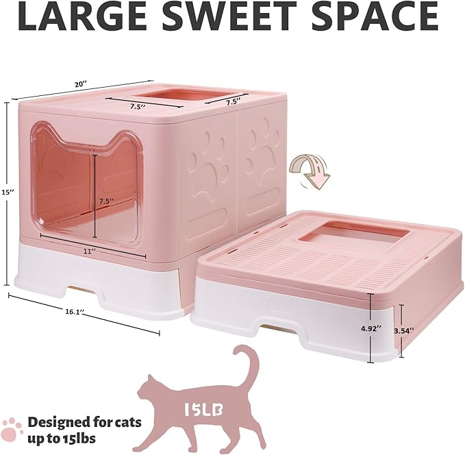Foldable Cat Litter Box with Lid, Enclosed Potty, Large Top Entry Anti-Splashing Toilet, Easy to Clean Including Litter Scoop and 2-in-1 Cleaning Brush (Pink)