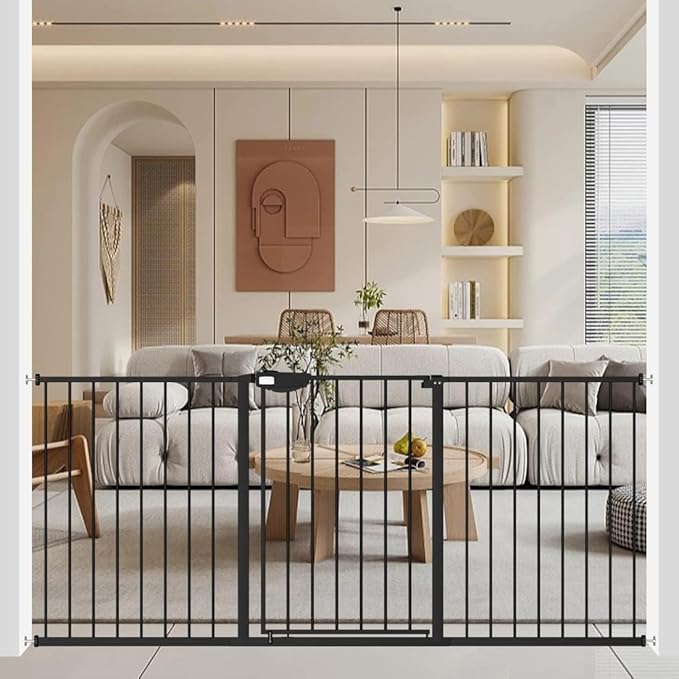 WAOWAO Triple Lock Baby Gate Extra Wide 81.49-86.22" Pressure Mounted Walk Through Swing Auto Close Safety Black Metal Dog Pet Puppy for Stairs,Doorways