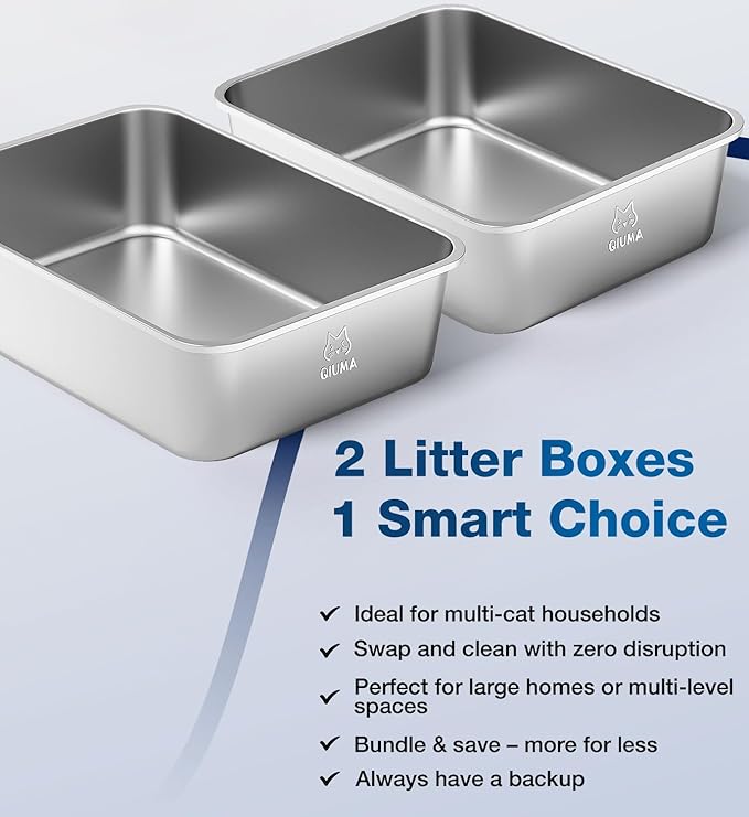 2 Packs Stainless Steel Cat Litter Box, 17.5" L×13.6" W×5.9" H, Metal Kitty Litter Box with High Sided for Small Cats, Non-Stick, Easy to Clean, Odor-Free