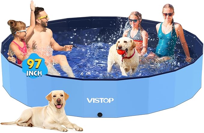VISTOP Jumbo Foldable Dog Pool, Hard Plastic Shell Portable Swimming Pool for Dogs Cats and Kids Pet Puppy Bathing Tub Collapsible Kiddie Pool (97inch.D x 15.7inch.H, Blue)