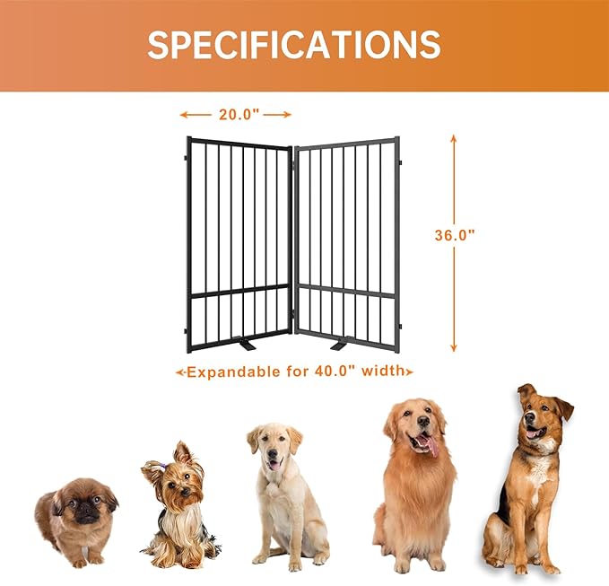 Full Metal Freestanding Dog Gate with Door, 36''Height Foldable Pet Dog Fence for Indoor & Outdoor, 2 Panels Extra Wide Free Standing TallDog Gates for Doorways,House,Stairs,Porch,Deck,Yard