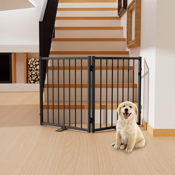 Full Metal Freestanding Dog Gate with Door, 24'' Height Foldable Pet Dog Fence for Indoor & Outdoor, 2 Panels Extra Wide Free Standing SmallDog Gates for Doorways,House,Stairs,Porch,Deck,Yard