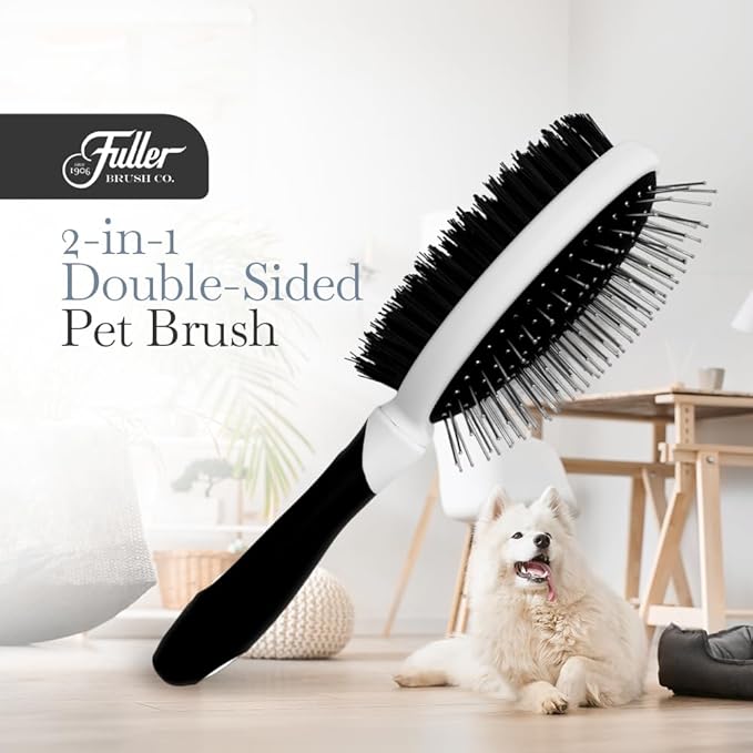 Fuller Brush 2-in-1 Double-Sided Pet Brush - Electroplated Round-Ended Steel Pins Positioned Into a Flexible Cushion on One Side & Nylon Bristles - Remove Shedding - Tool For Grooming Dogs & Cats