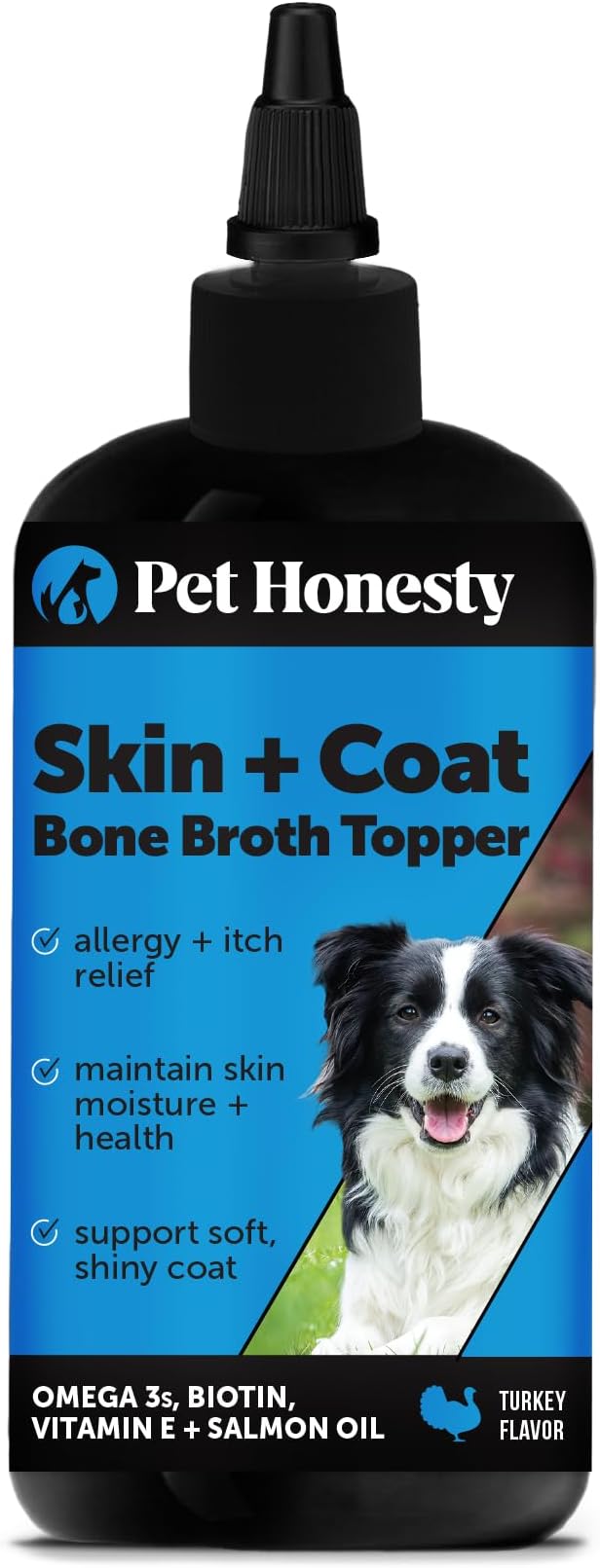 Dog Skin and Coat Supplement with Salmon Oil for Dogs - Allergy Itch Relief + Skin & Coat Health, Dog Food Topper Bone Broth with Salmon Oil, Collagen, Biotin + Vitamin E (12 oz)