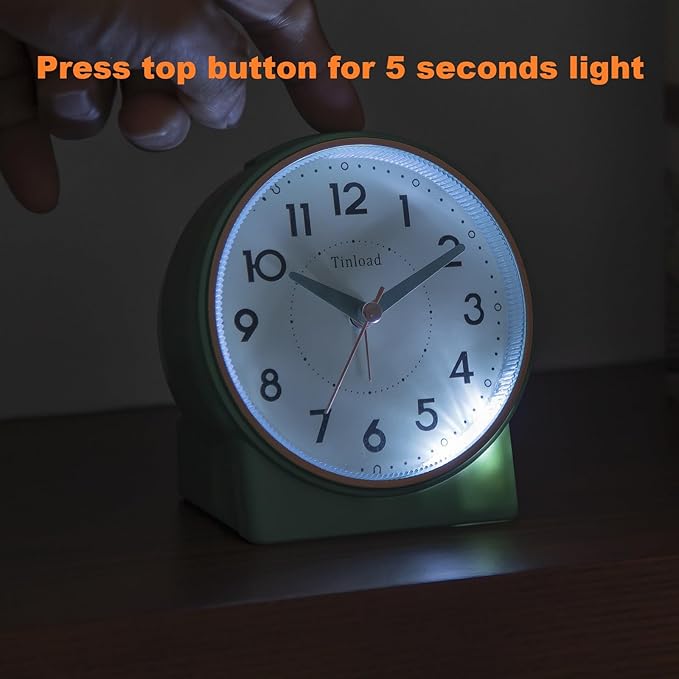 4.3" Retro Analog Alarm Clock, Vintage Decor, No Ticking Silent, Easy to Set, Gradual Rise Alarm, On/Off Switch on Side, Gentle Wake, Snooze, Lighted on Demand, Battery Operated, Retro Green