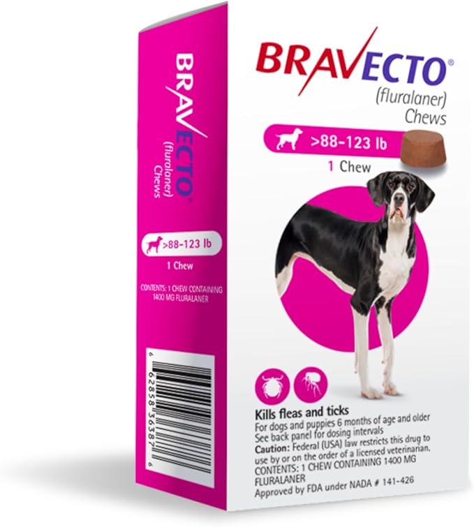 BRAVECTO Chew for Dogs, Flea & Tick, 1 Chew, 12 Week Supply, 88-123 lbs., Pink Box