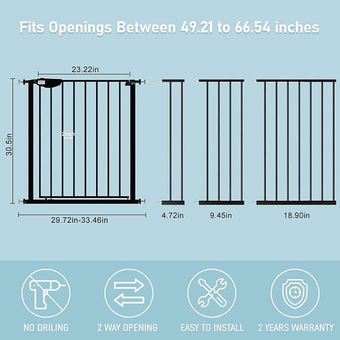 WAOWAO Triple Lock 49.21-66.54" Baby Gate Extra Wide Pressure Mounted Walk Through Swing Auto Close Safety Black Metal Dog Pet Puppy for Stairs,Doorways,Kitchen
