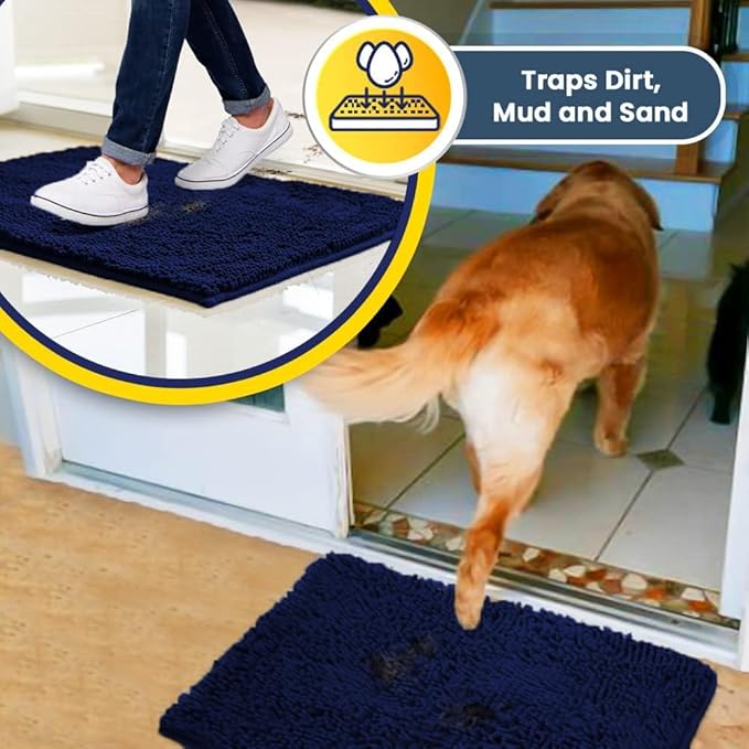 Muddy Mat® AS-SEEN-ON-TV Highly Absorbent Microfiber Dog Door Mat and Pet Rug, Non Slip Thick Washable Area and Bath Mat Soft Chenille for Kitchen Bathroom Bedroom and Indoor - Navy Blue XXXL 72"X48"